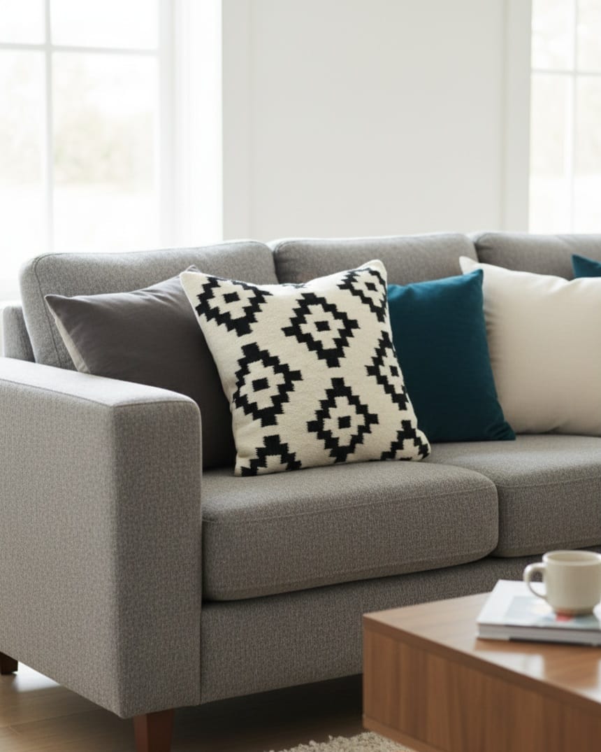 Funda de almohada geométrica blanca y negra hecha a mano de 20 x 20 | Mezcla de lana y algodón de primera calidad | Decoración artesanal india para el hogar 