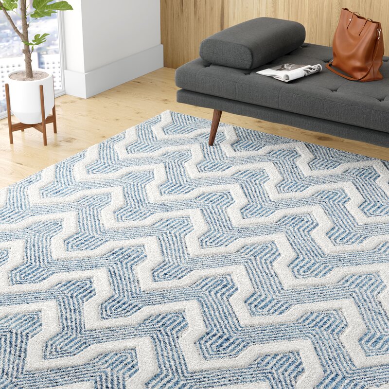 Geometric Bliss Handwoven Wool Rug - Elegant Blue and White Design