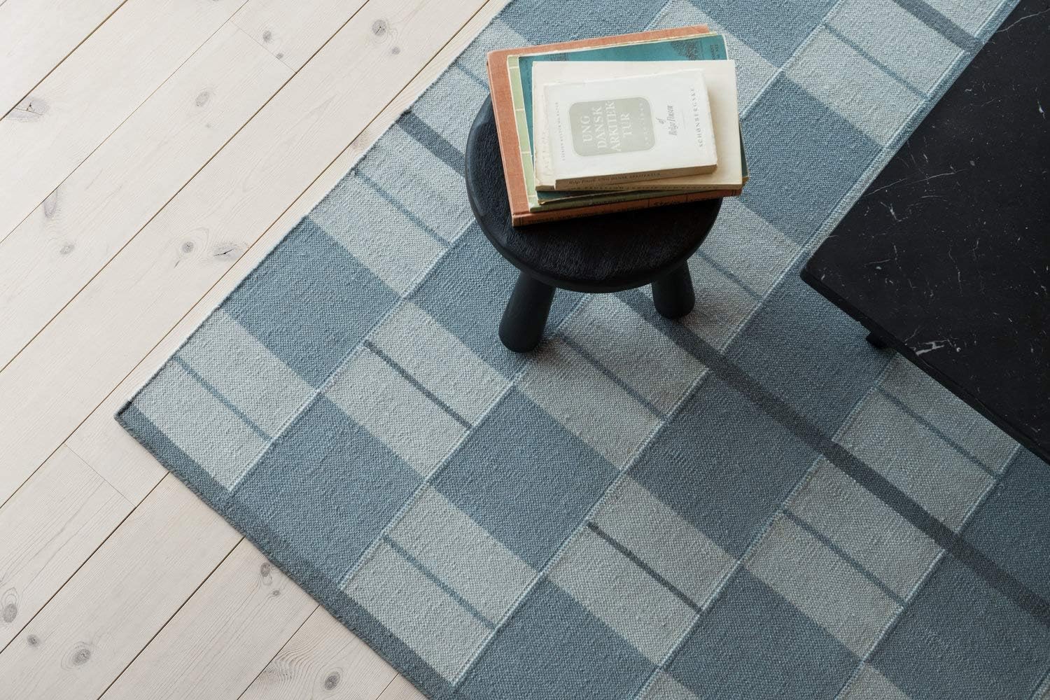 Blue and White Checkered Wool Rug