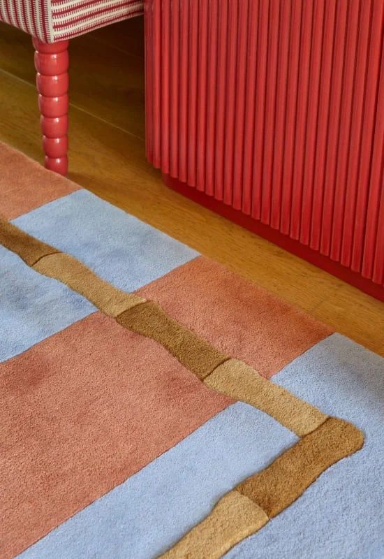 Hand Tufted Woollen Alice Crawley Bamboo Stripe Wool Blue Rust - Hand Tufted Wool Rug