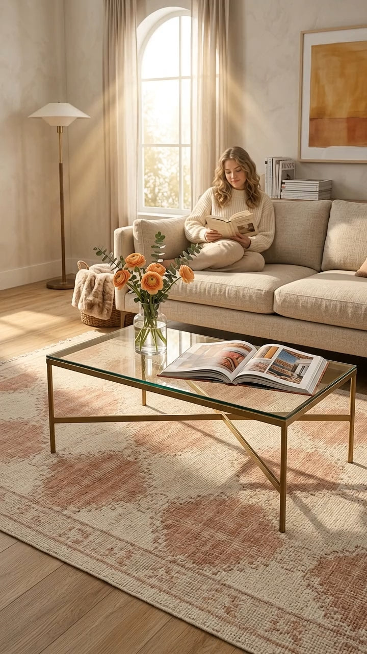 Patterned rug on a wooden floor with a chair partially visible