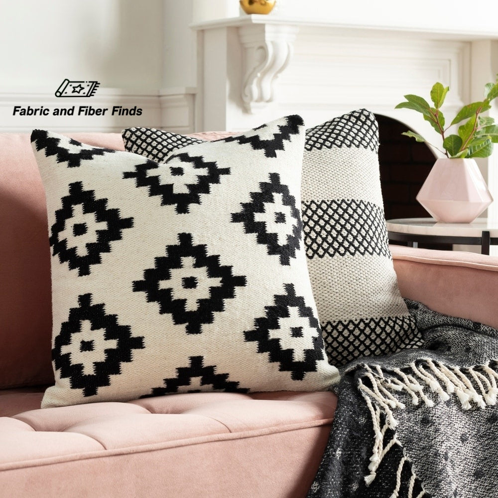 Handmade wool and cotton decorative pillow cover with geometric pattern
